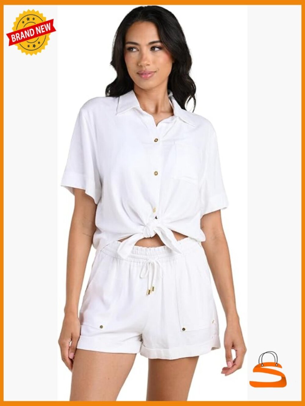 Viscose Linen Button Down Shirt Front Tie Short Sleeve
